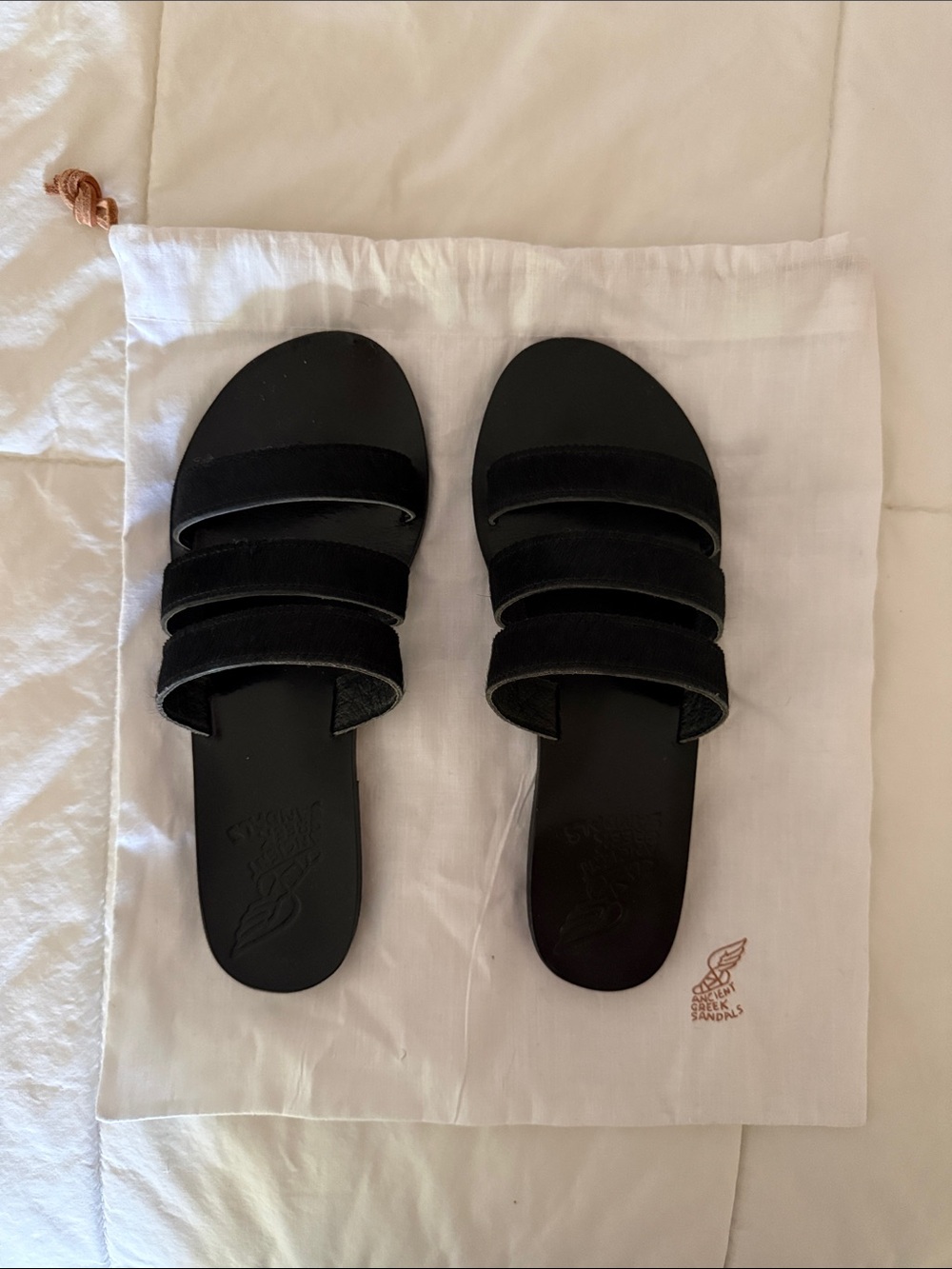 Ancient Greek Sandals black pony hair slides size 37